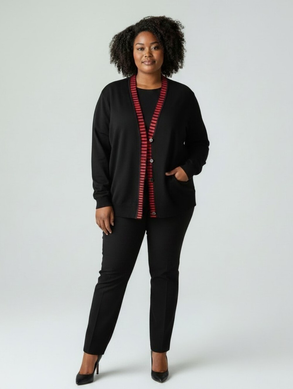 Misook Black Cardigan Featuring Red Trim Bedazzled Buttons Sz 2X